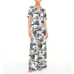 C&C California Linen Rayon Set Women Small Tropical Floral Relax Fit Light Blue